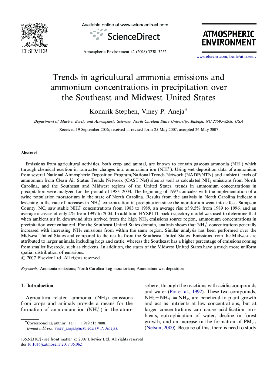 Trends in agricultural ammonia emissions and ammonium concentrations in precipitation over the Southeast and Midwest United States