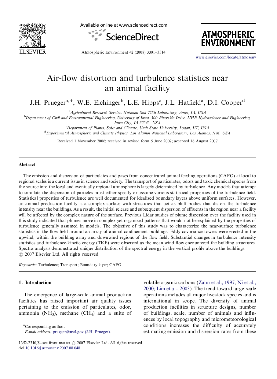 Air-flow distortion and turbulence statistics near an animal facility