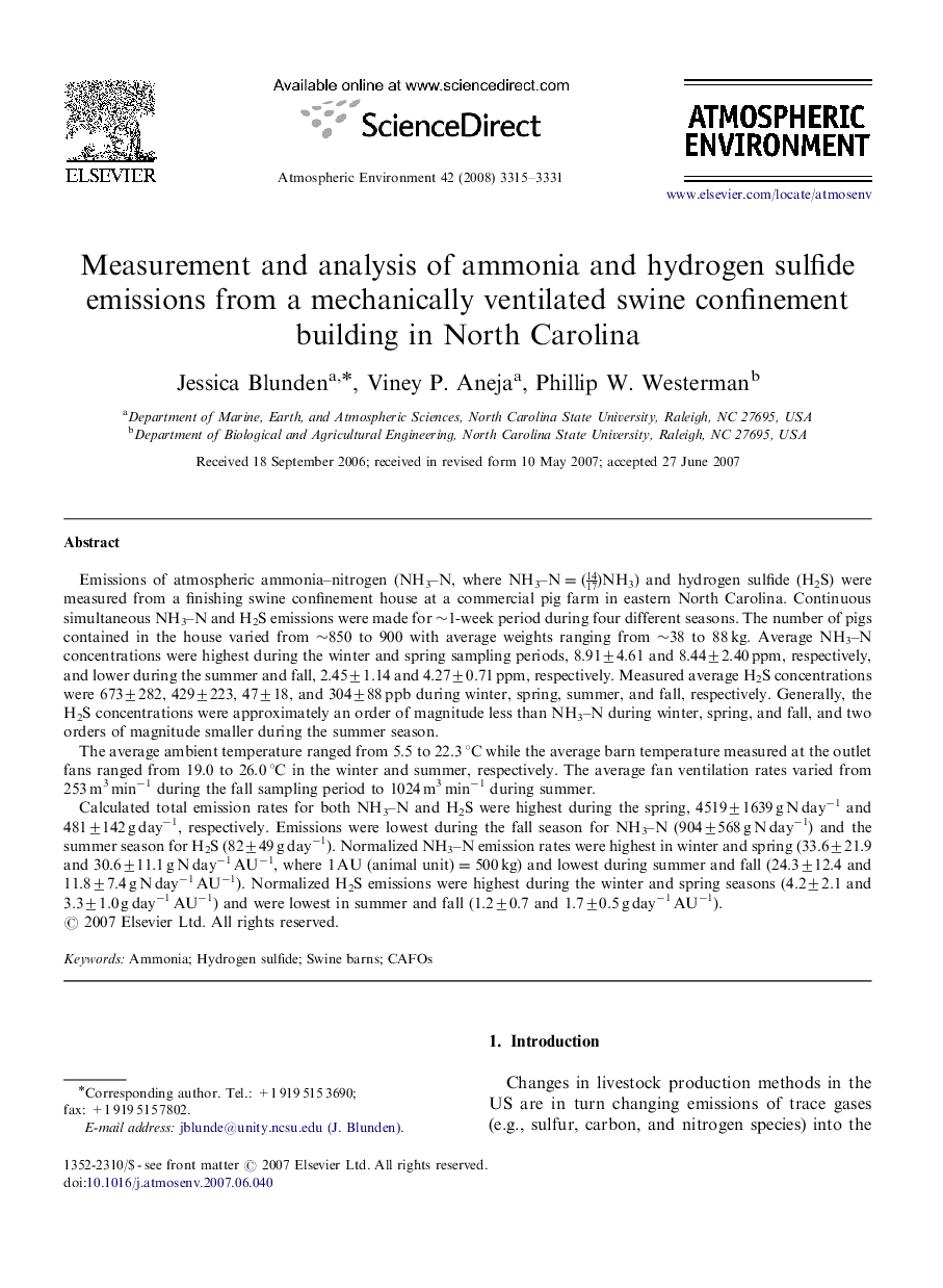 Measurement and analysis of ammonia and hydrogen sulfide emissions from a mechanically ventilated swine confinement building in North Carolina