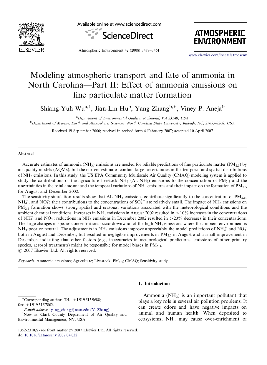 Modeling atmospheric transport and fate of ammonia in North Carolina—Part II: Effect of ammonia emissions on fine particulate matter formation