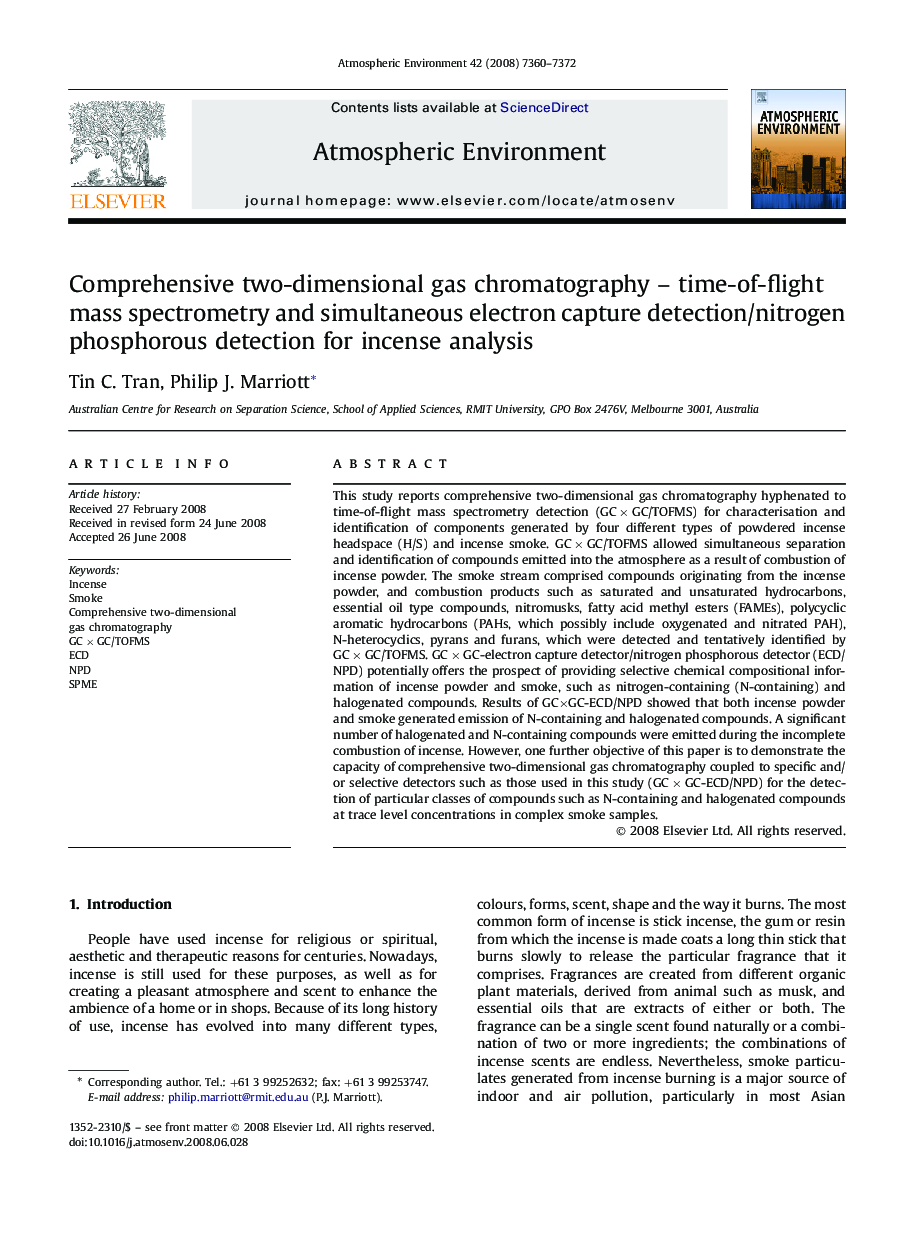 Comprehensive two-dimensional gas chromatography – time-of-flight mass spectrometry and simultaneous electron capture detection/nitrogen phosphorous detection for incense analysis