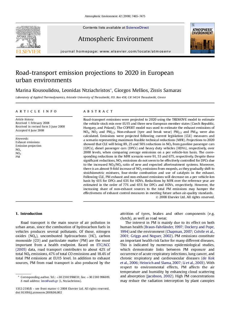 Road-transport emission projections to 2020 in European urban environments