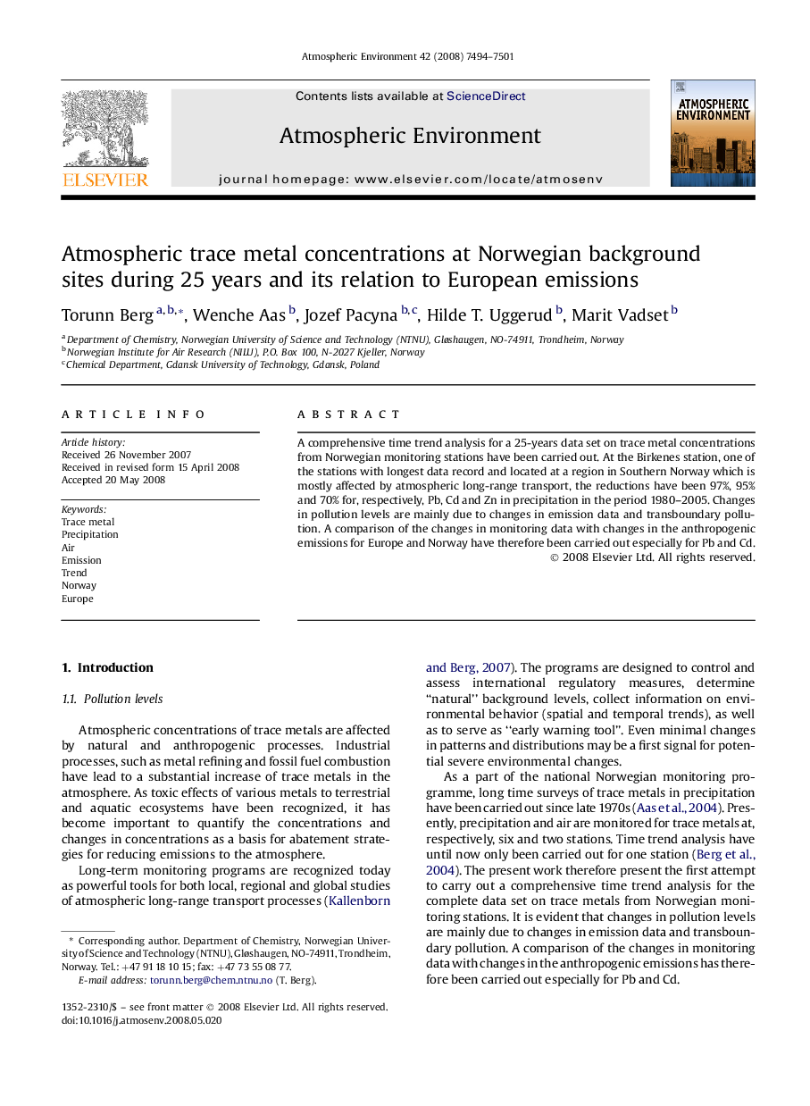 Atmospheric trace metal concentrations at Norwegian background sites during 25 years and its relation to European emissions