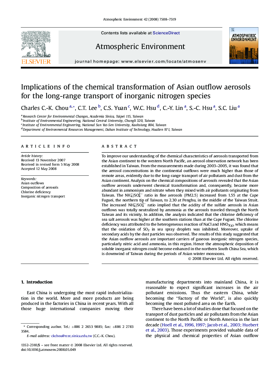 Implications of the chemical transformation of Asian outflow aerosols for the long-range transport of inorganic nitrogen species