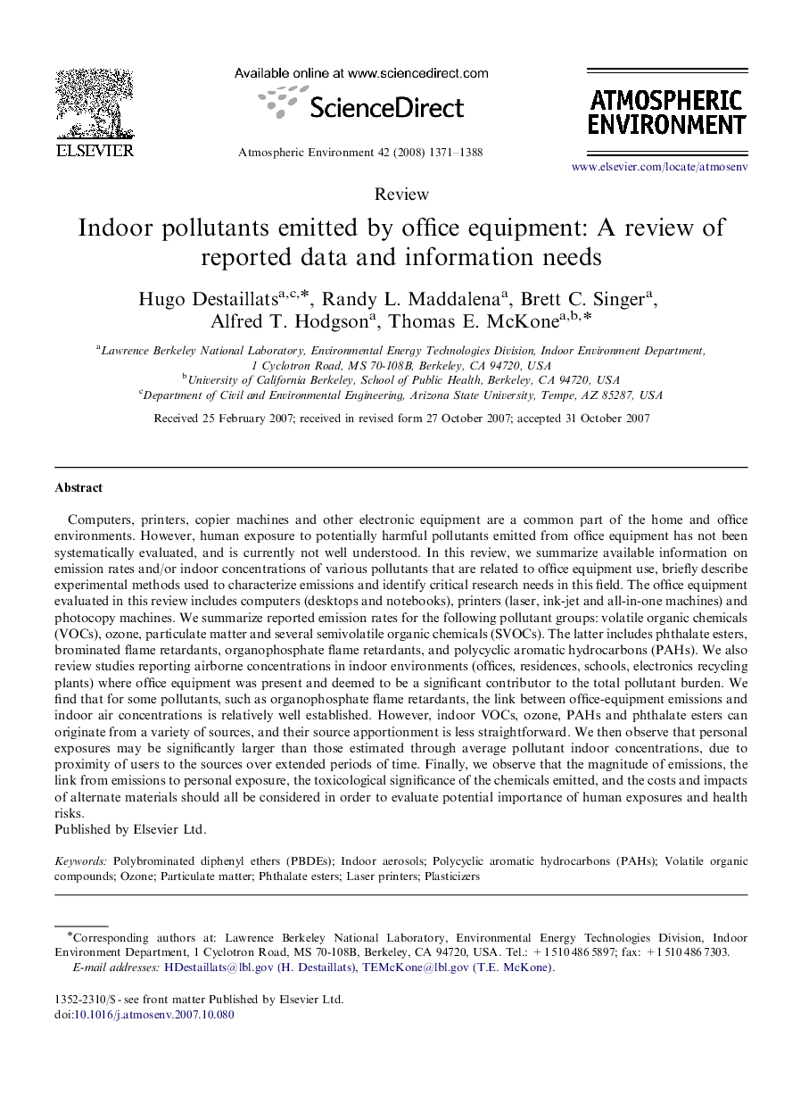 Indoor pollutants emitted by office equipment: A review of reported data and information needs