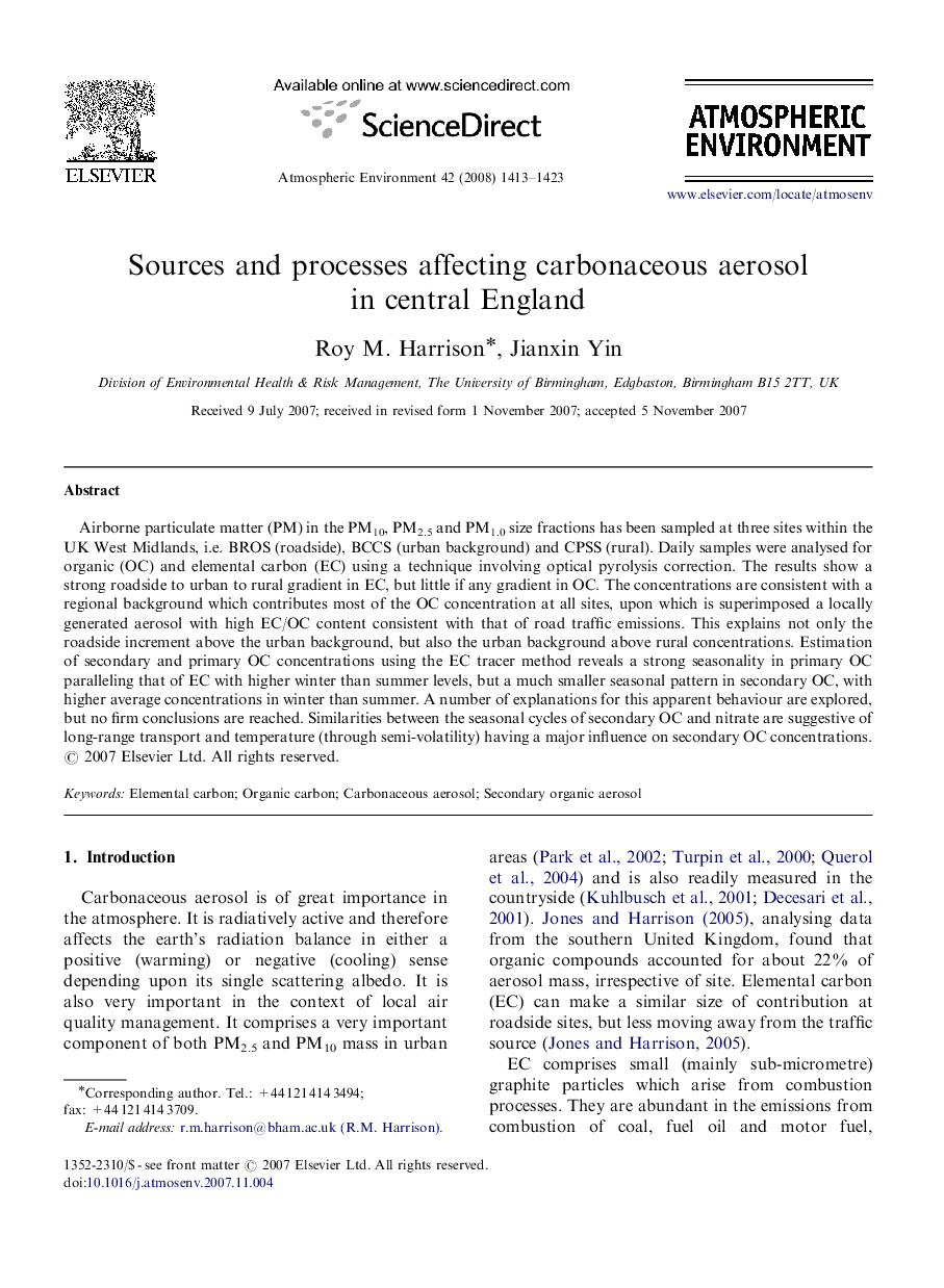 Sources and processes affecting carbonaceous aerosol in central England