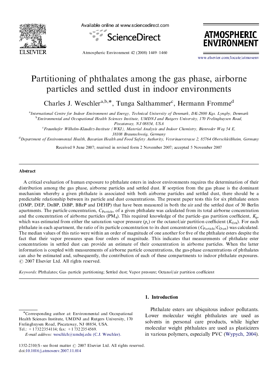 Partitioning of phthalates among the gas phase, airborne particles and settled dust in indoor environments