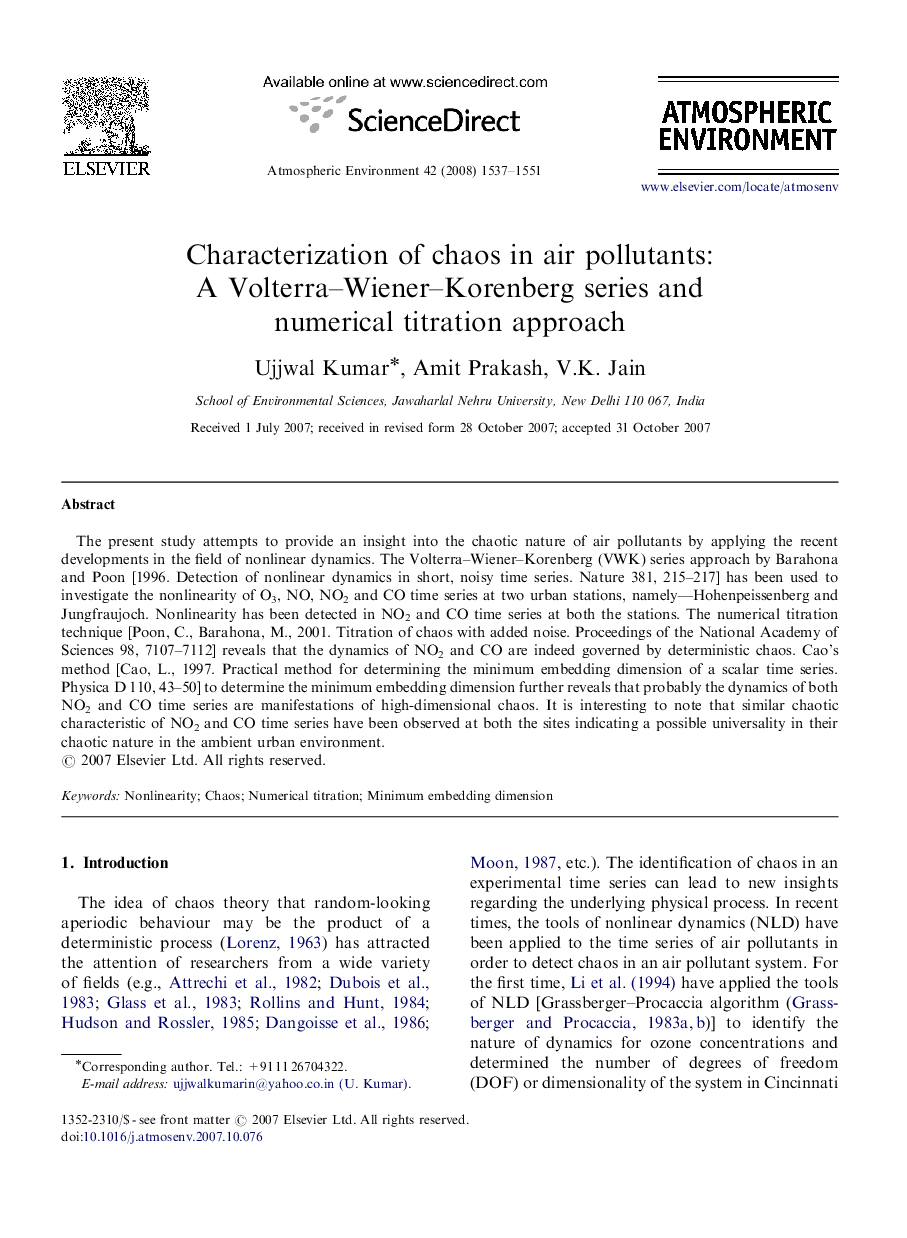 Characterization of chaos in air pollutants: A Volterra–Wiener–Korenberg series and numerical titration approach