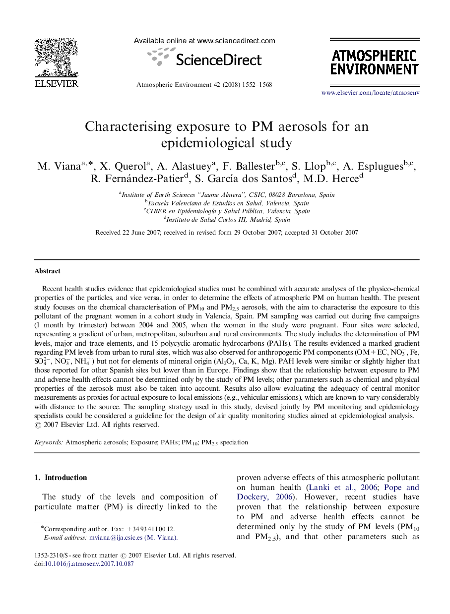 Characterising exposure to PM aerosols for an epidemiological study