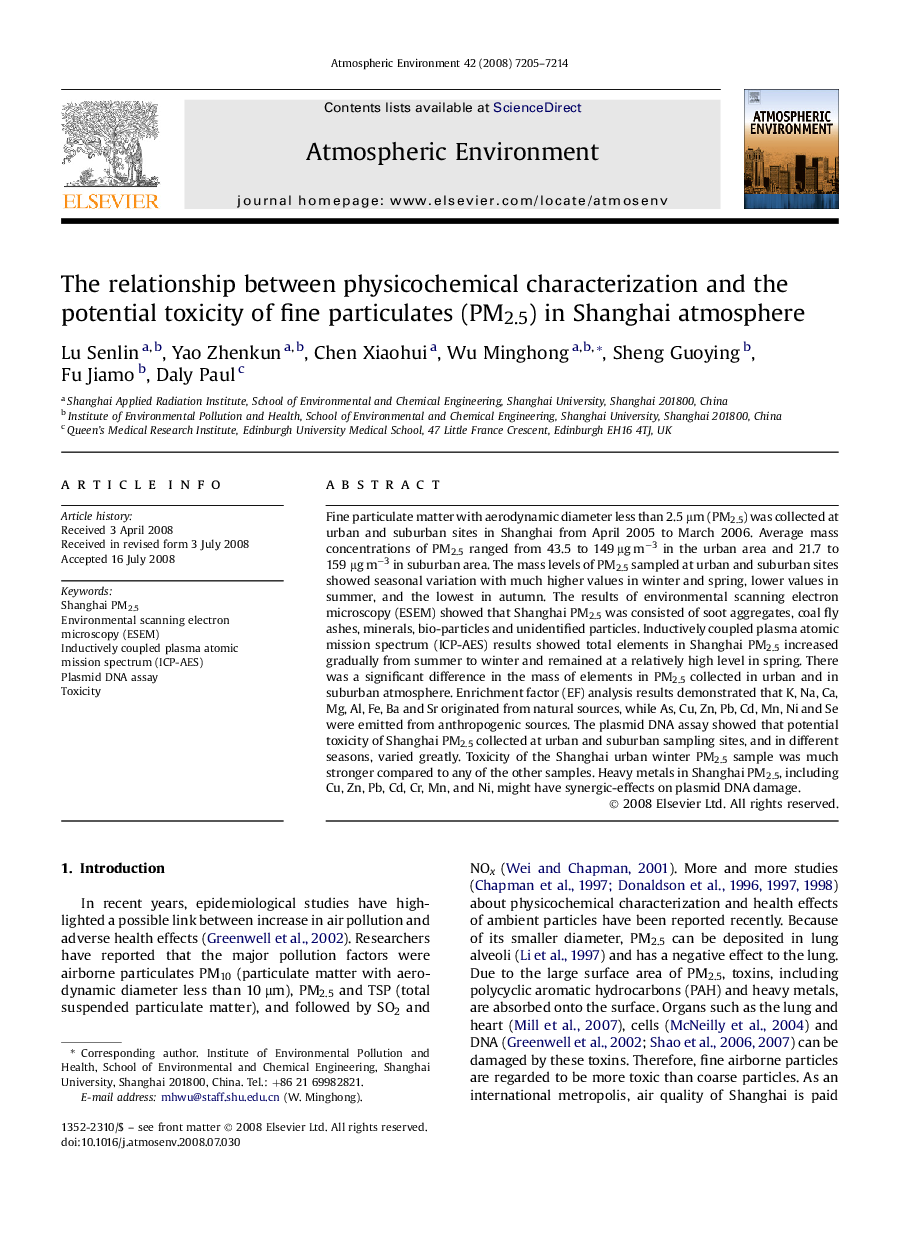 The relationship between physicochemical characterization and the potential toxicity of fine particulates (PM2.5) in Shanghai atmosphere