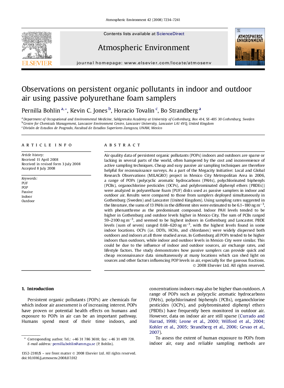 Observations on persistent organic pollutants in indoor and outdoor air using passive polyurethane foam samplers