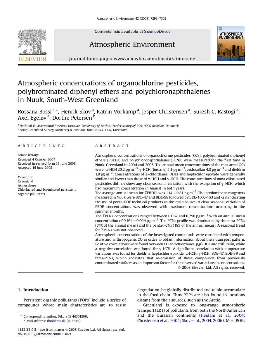 Atmospheric concentrations of organochlorine pesticides, polybrominated diphenyl ethers and polychloronaphthalenes in Nuuk, South-West Greenland