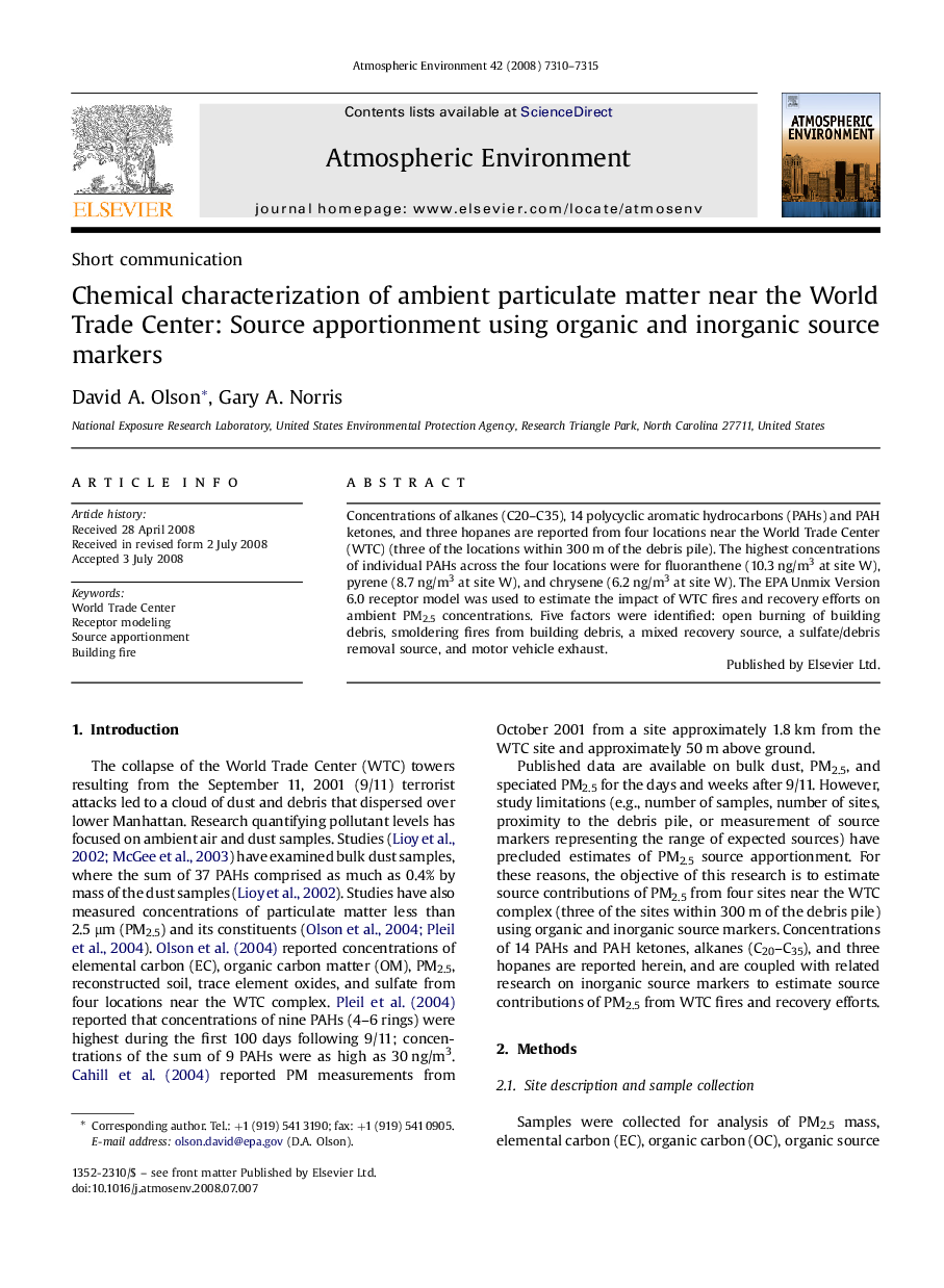 Chemical characterization of ambient particulate matter near the World Trade Center: Source apportionment using organic and inorganic source markers