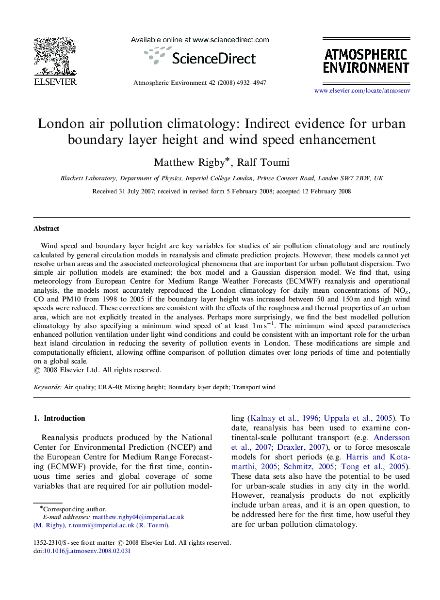 London air pollution climatology: Indirect evidence for urban boundary layer height and wind speed enhancement