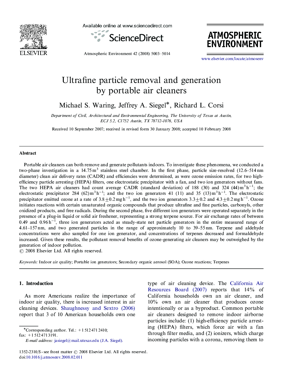 Ultrafine particle removal and generation by portable air cleaners