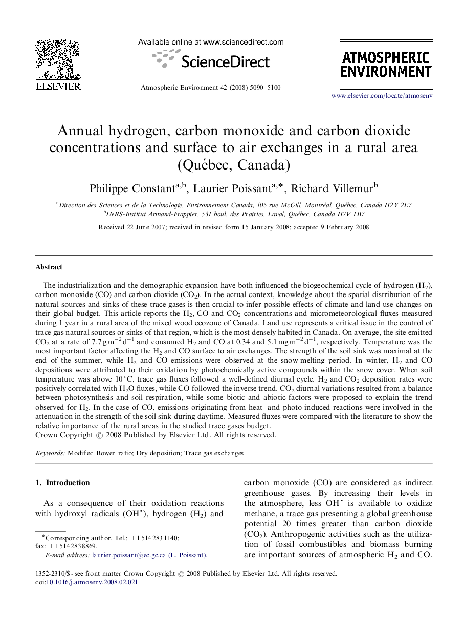 Annual hydrogen, carbon monoxide and carbon dioxide concentrations and surface to air exchanges in a rural area (Québec, Canada)