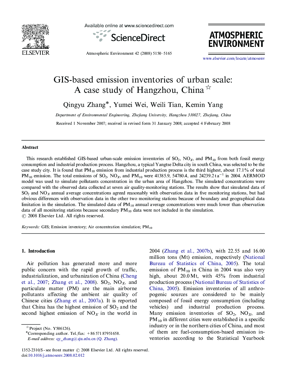 GIS-based emission inventories of urban scale: A case study of Hangzhou, China 