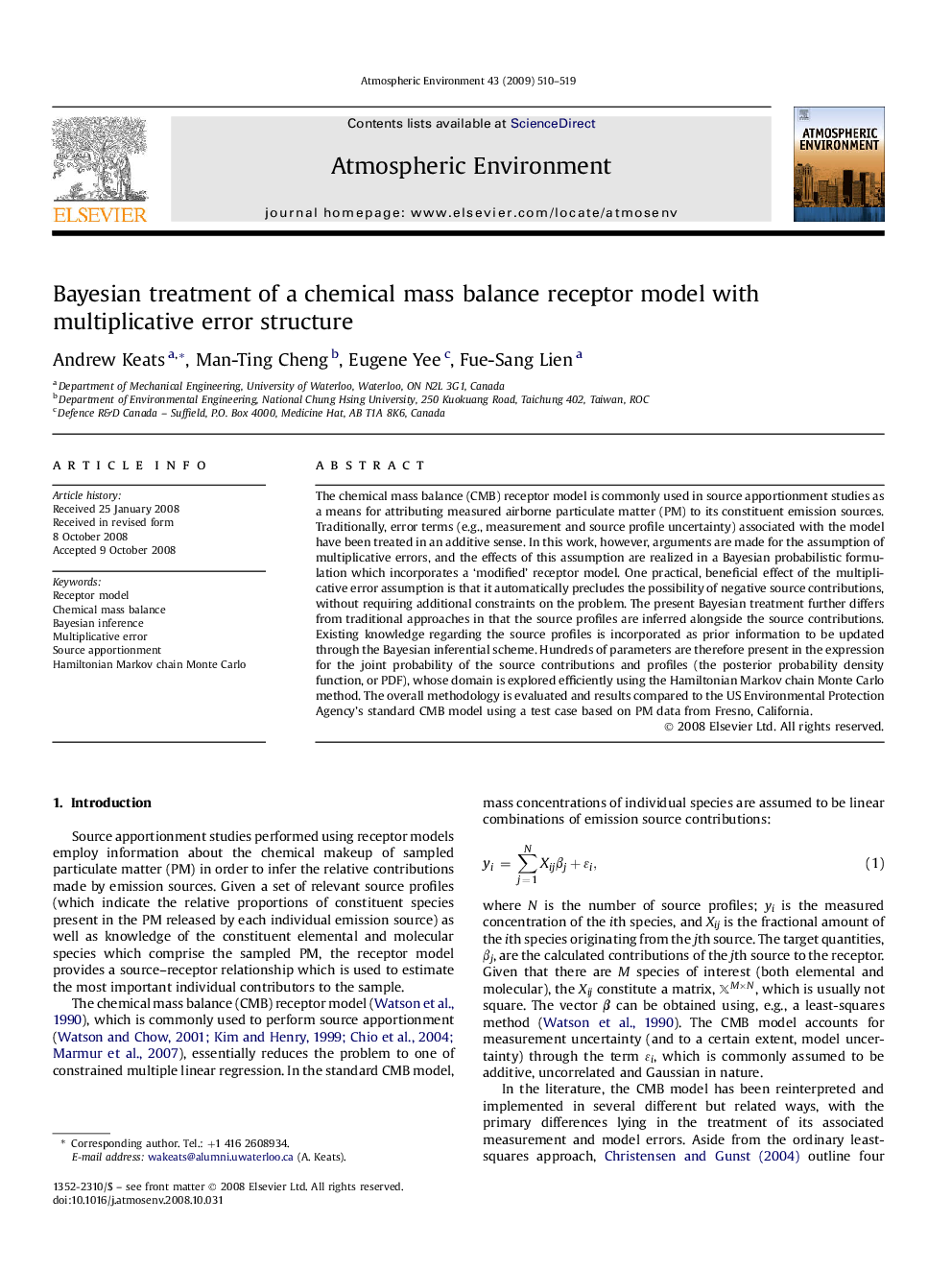 Bayesian treatment of a chemical mass balance receptor model with multiplicative error structure