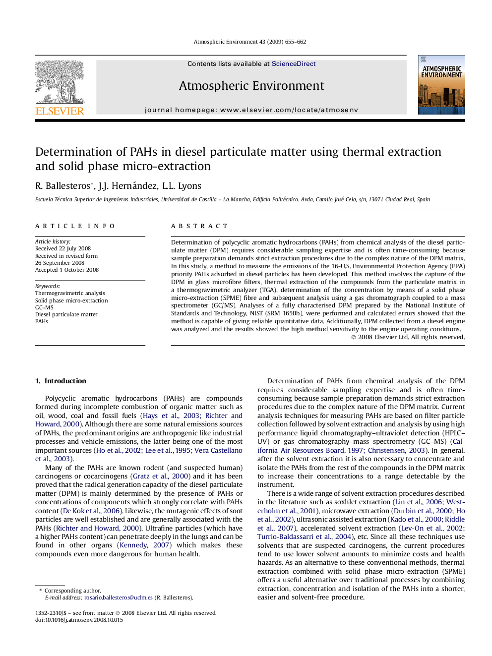 Determination of PAHs in diesel particulate matter using thermal extraction and solid phase micro-extraction