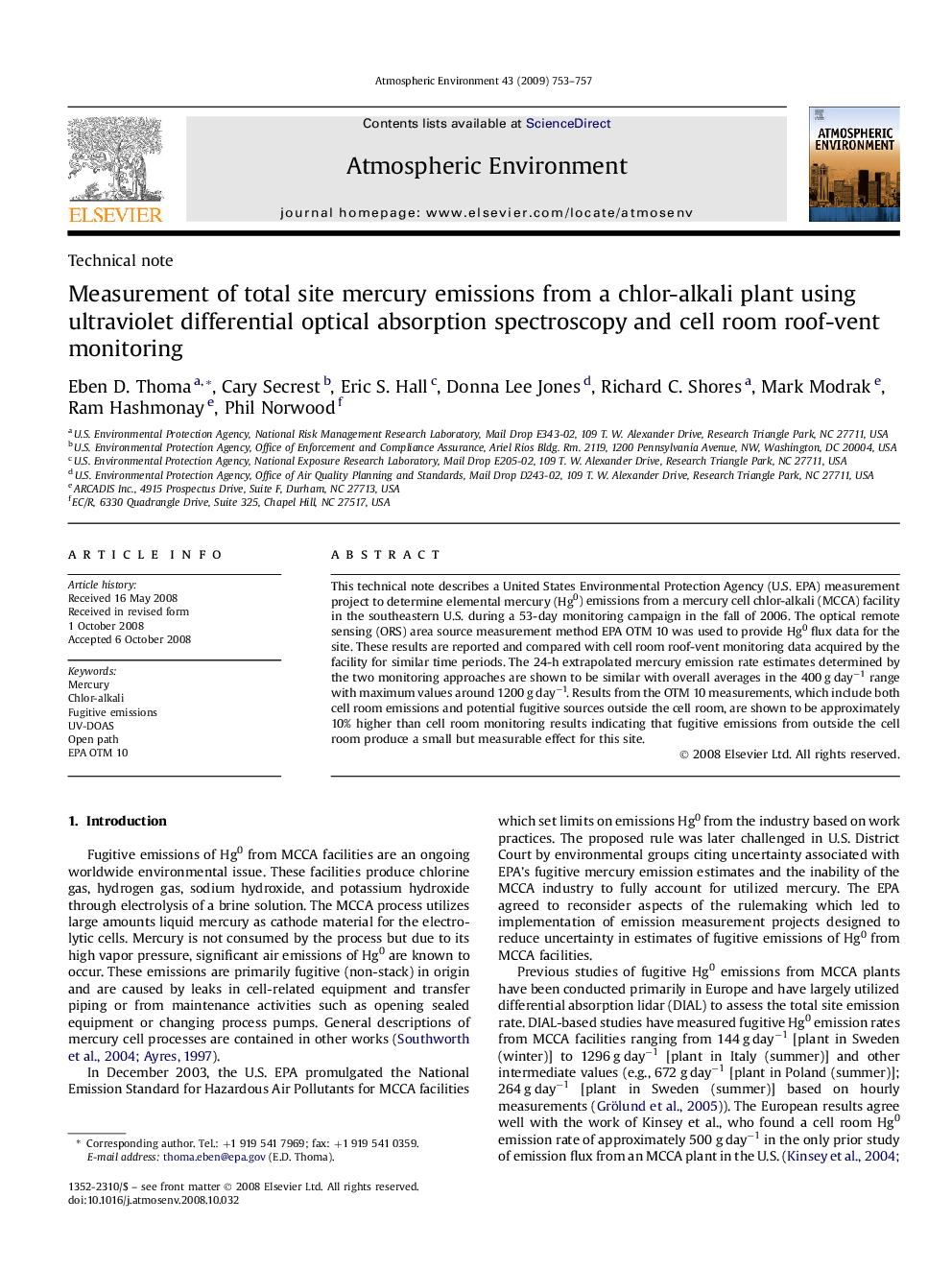 Measurement of total site mercury emissions from a chlor-alkali plant using ultraviolet differential optical absorption spectroscopy and cell room roof-vent monitoring