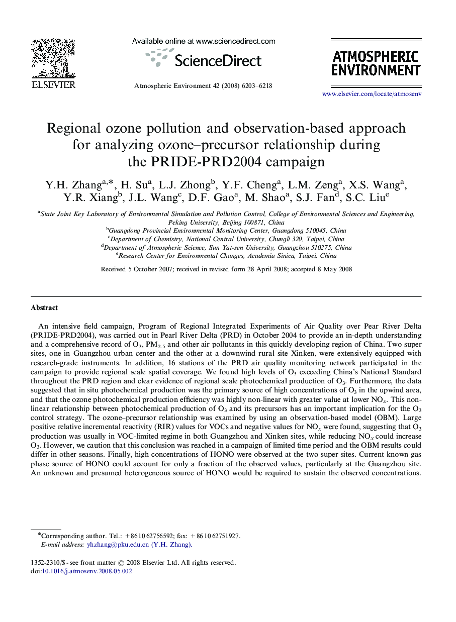 Regional ozone pollution and observation-based approach for analyzing ozone–precursor relationship during the PRIDE-PRD2004 campaign