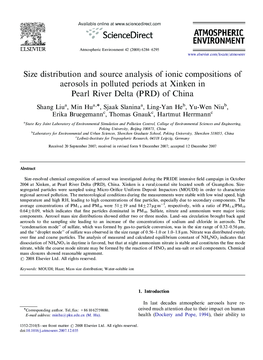 Size distribution and source analysis of ionic compositions of aerosols in polluted periods at Xinken in Pearl River Delta (PRD) of China