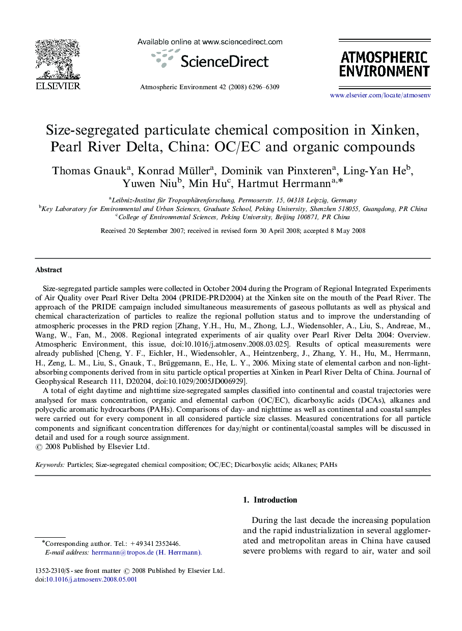 Size-segregated particulate chemical composition in Xinken, Pearl River Delta, China: OC/EC and organic compounds