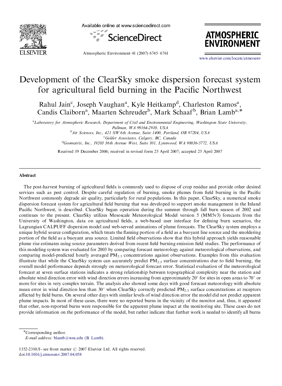 Development of the ClearSky smoke dispersion forecast system for agricultural field burning in the Pacific Northwest