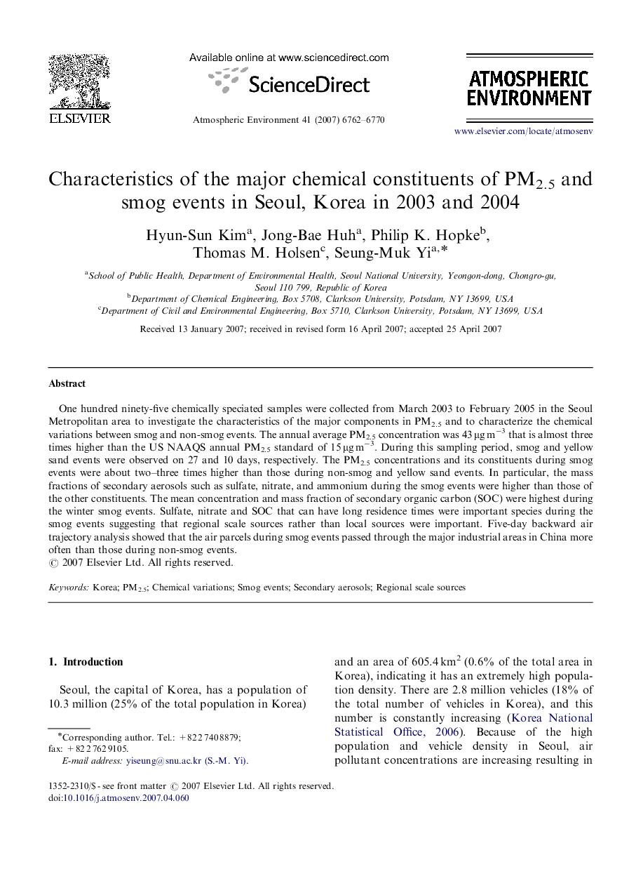 Characteristics of the major chemical constituents of PM2.5 and smog events in Seoul, Korea in 2003 and 2004