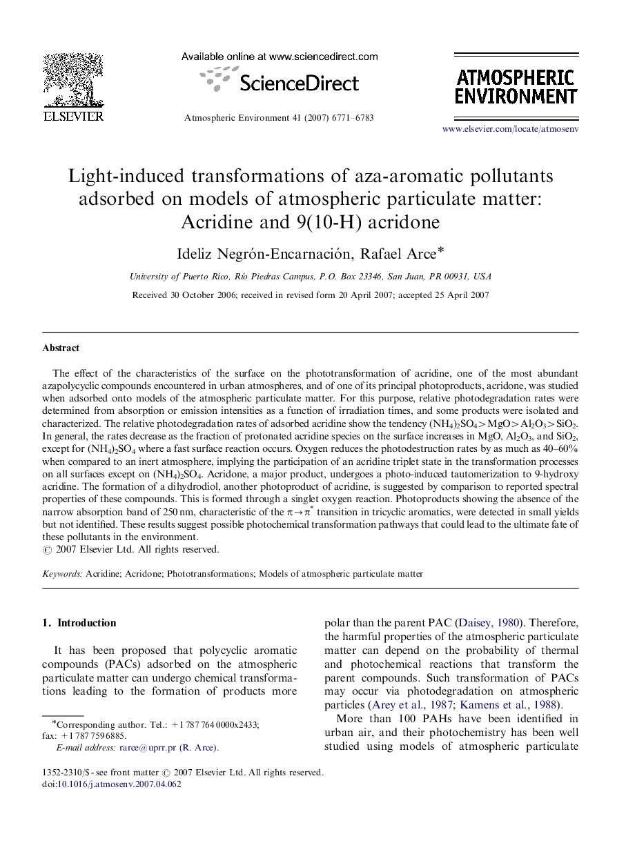 Light-induced transformations of aza-aromatic pollutants adsorbed on models of atmospheric particulate matter: Acridine and 9(10-H) acridone