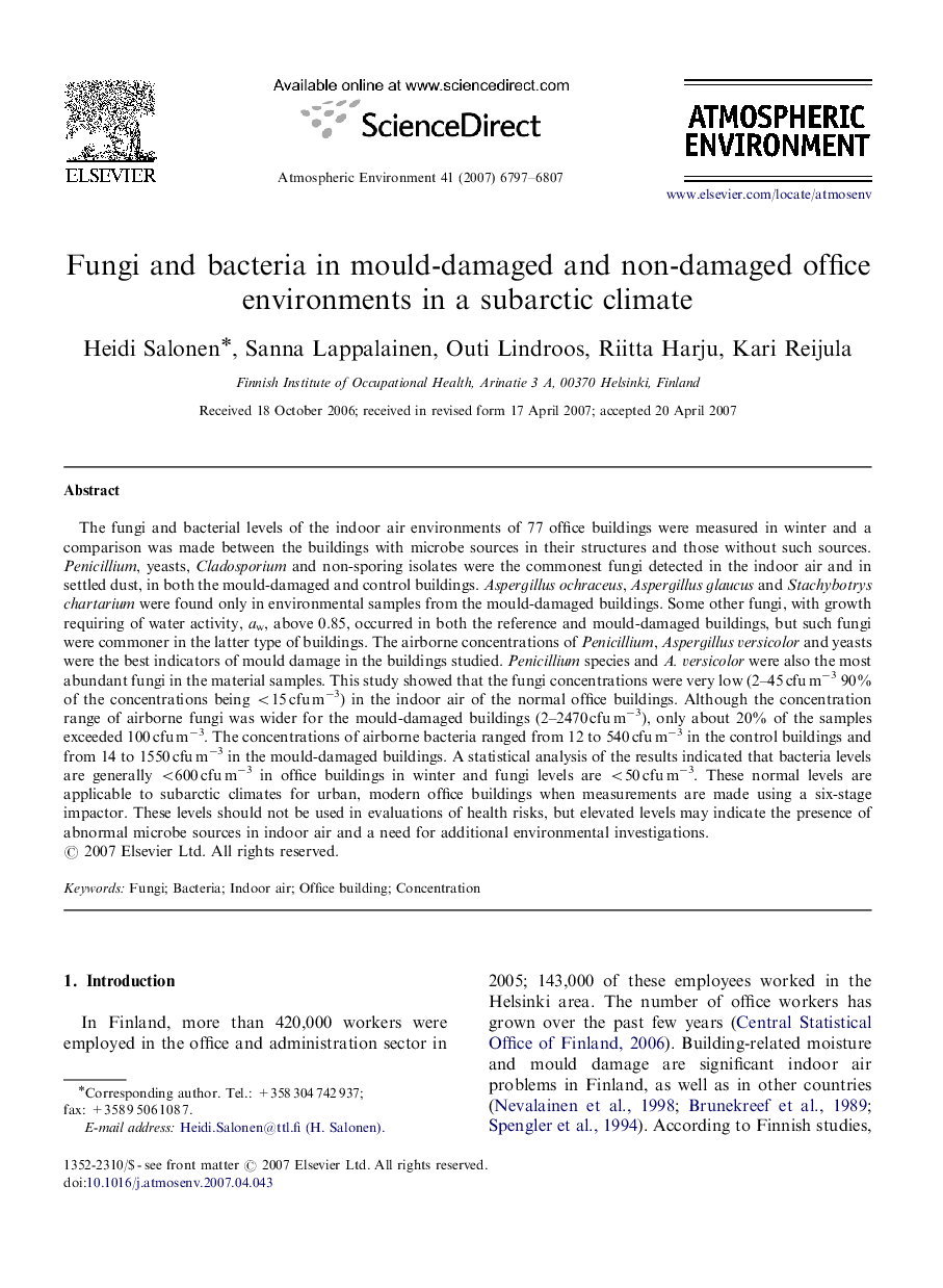 Fungi and bacteria in mould-damaged and non-damaged office environments in a subarctic climate