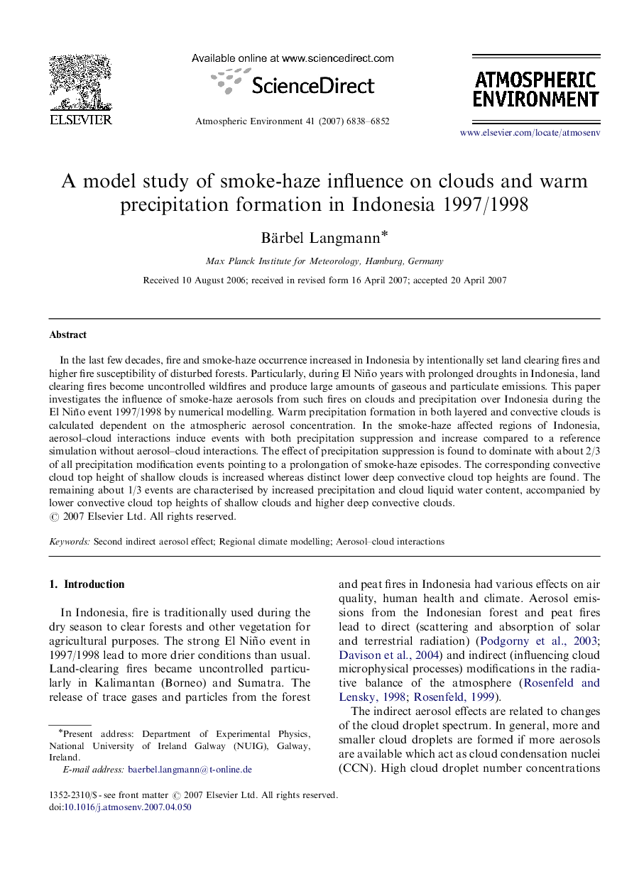 A model study of smoke-haze influence on clouds and warm precipitation formation in Indonesia 1997/1998