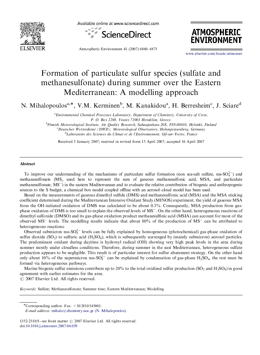 Formation of particulate sulfur species (sulfate and methanesulfonate) during summer over the Eastern Mediterranean: A modelling approach