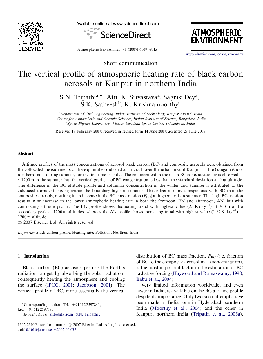 The vertical profile of atmospheric heating rate of black carbon aerosols at Kanpur in northern India