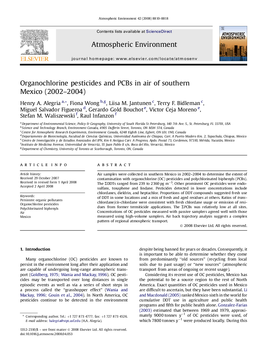 Organochlorine pesticides and PCBs in air of southern Mexico (2002–2004)