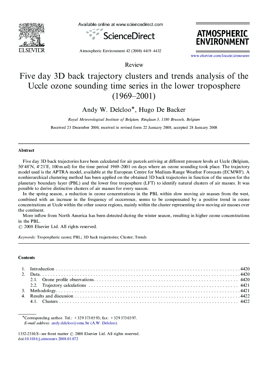 Five day 3D back trajectory clusters and trends analysis of the Uccle ozone sounding time series in the lower troposphere (1969–2001)