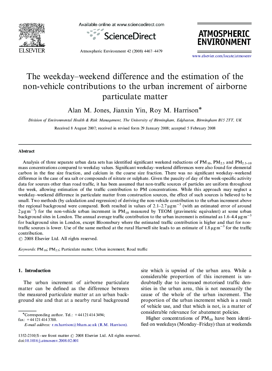 The weekday–weekend difference and the estimation of the non-vehicle contributions to the urban increment of airborne particulate matter