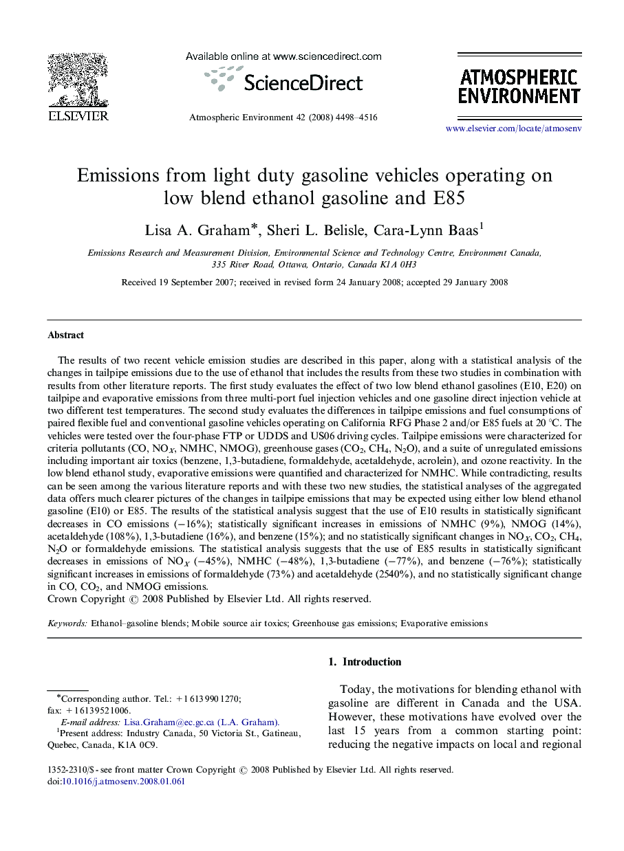 Emissions from light duty gasoline vehicles operating on low blend ethanol gasoline and E85