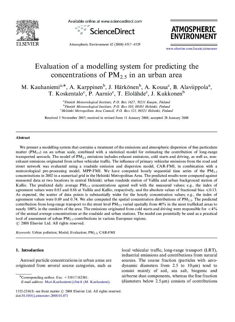 Evaluation of a modelling system for predicting the concentrations of PM2.5 in an urban area