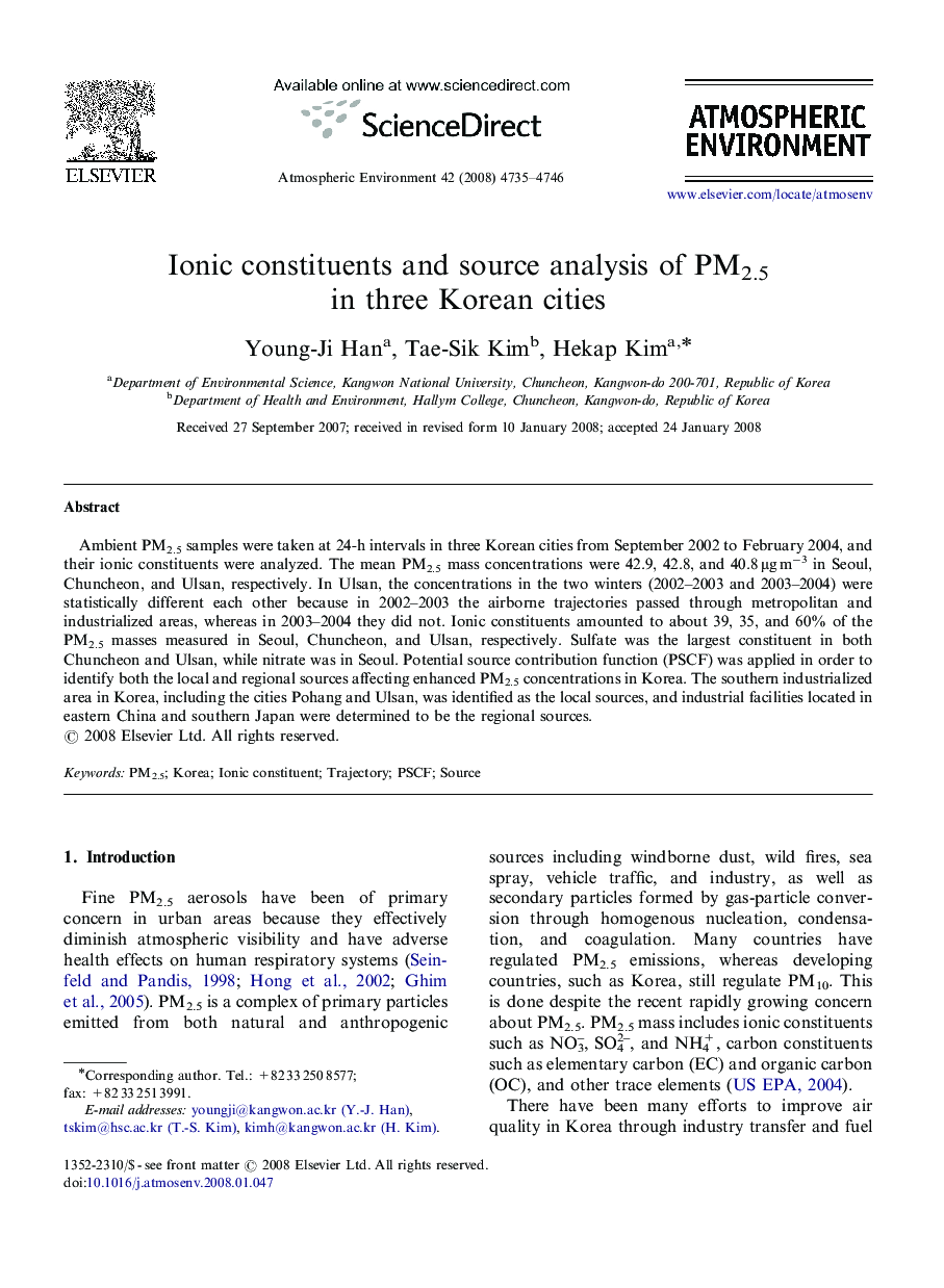 Ionic constituents and source analysis of PM2.5 in three Korean cities