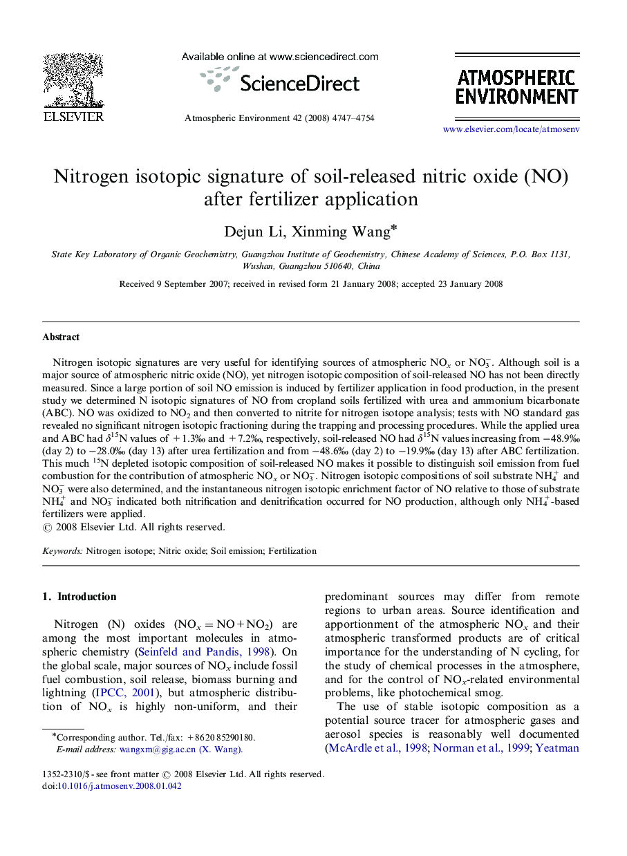 Nitrogen isotopic signature of soil-released nitric oxide (NO) after fertilizer application