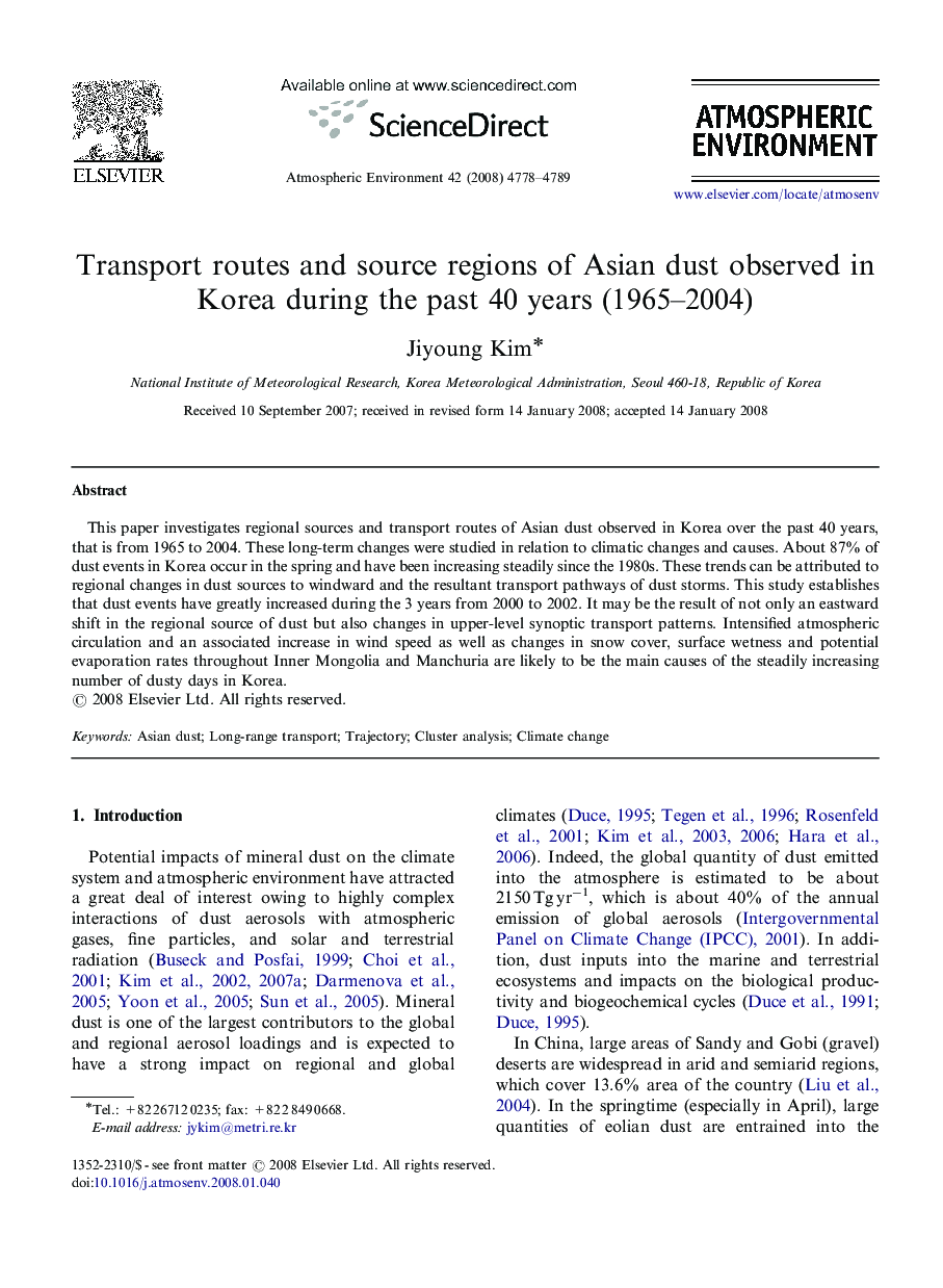 Transport routes and source regions of Asian dust observed in Korea during the past 40 years (1965–2004)