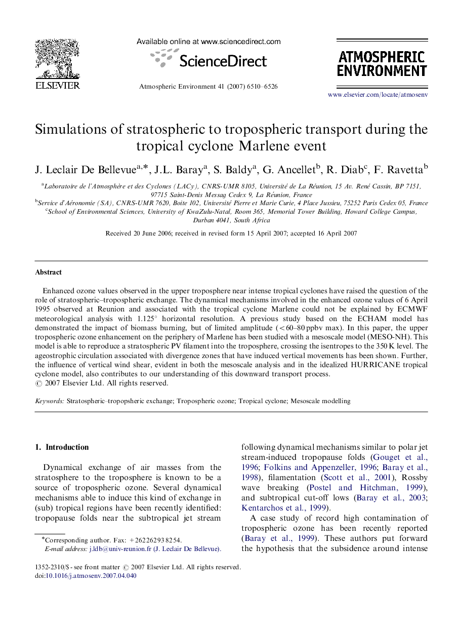 Simulations of stratospheric to tropospheric transport during the tropical cyclone Marlene event