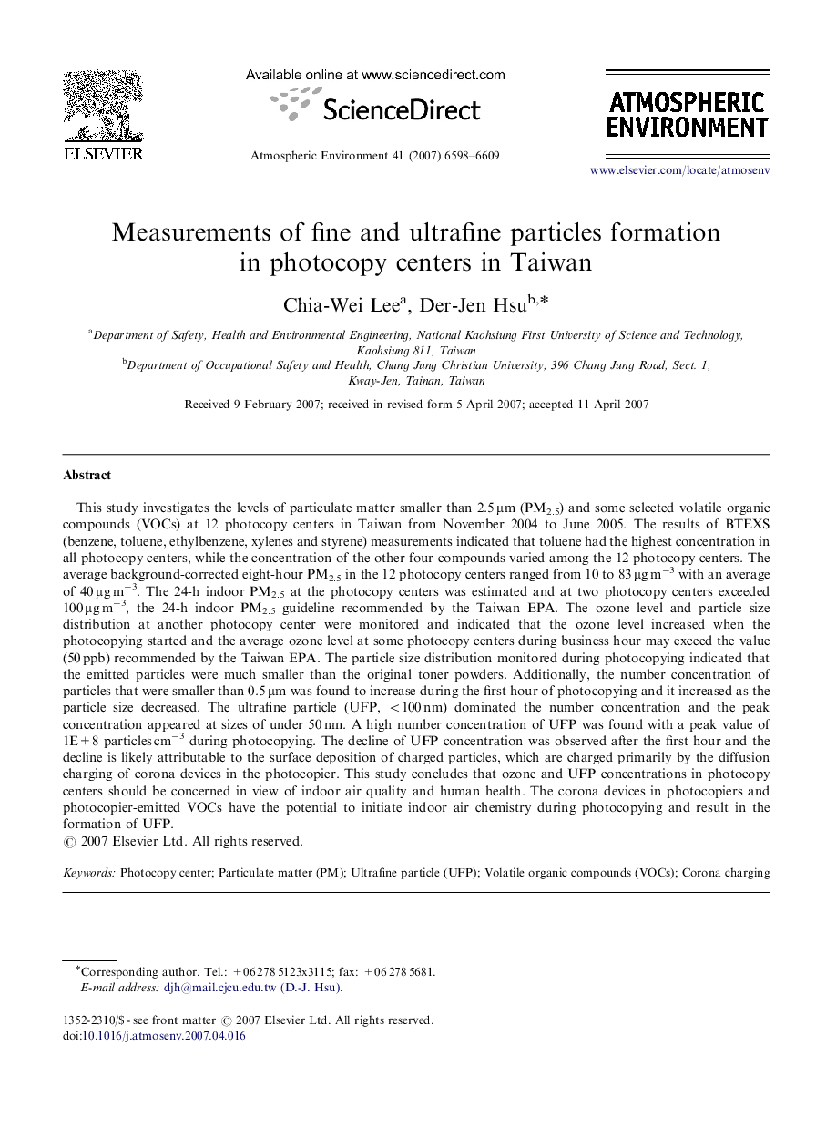 Measurements of fine and ultrafine particles formation in photocopy centers in Taiwan