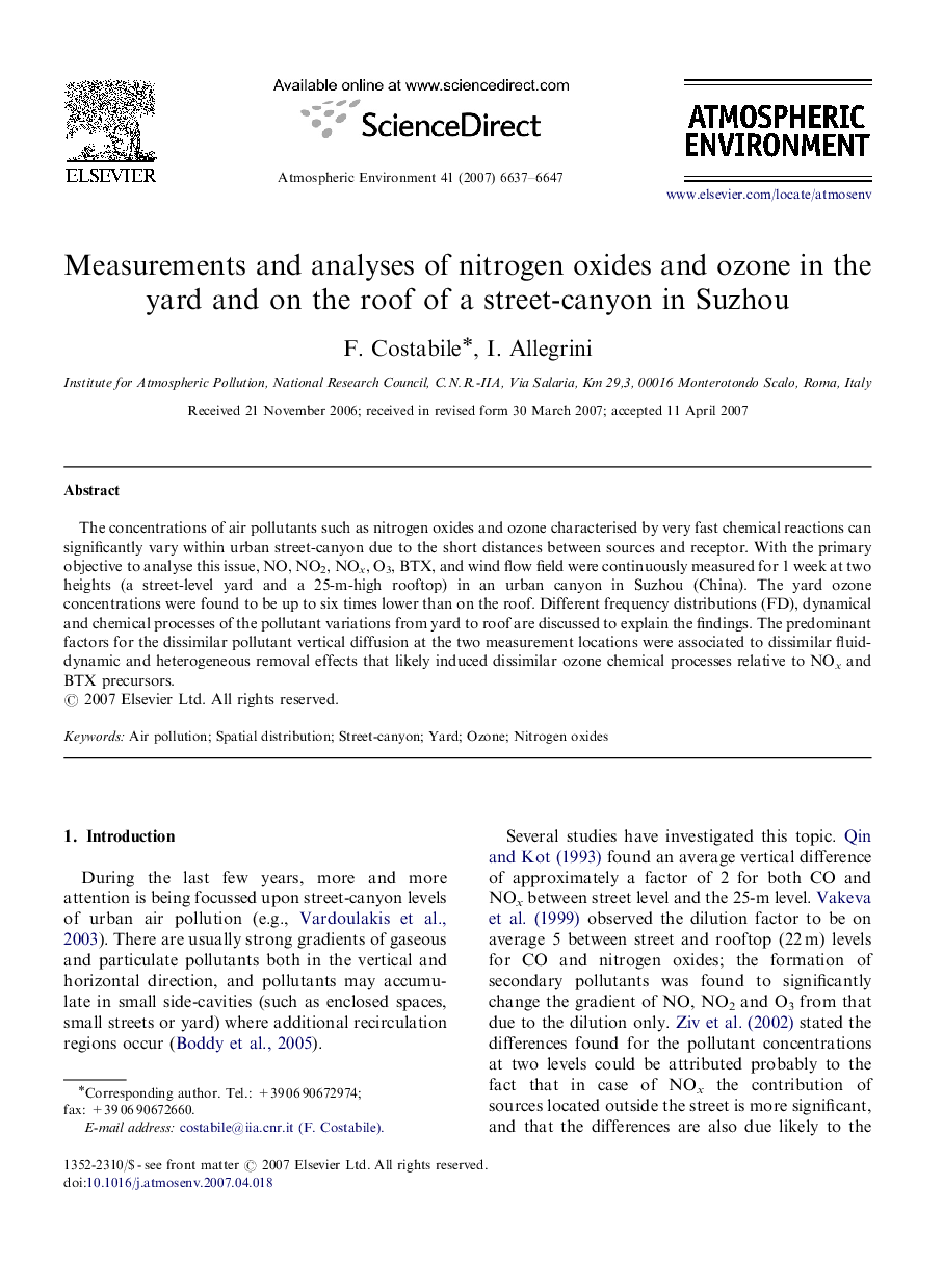 Measurements and analyses of nitrogen oxides and ozone in the yard and on the roof of a street-canyon in Suzhou