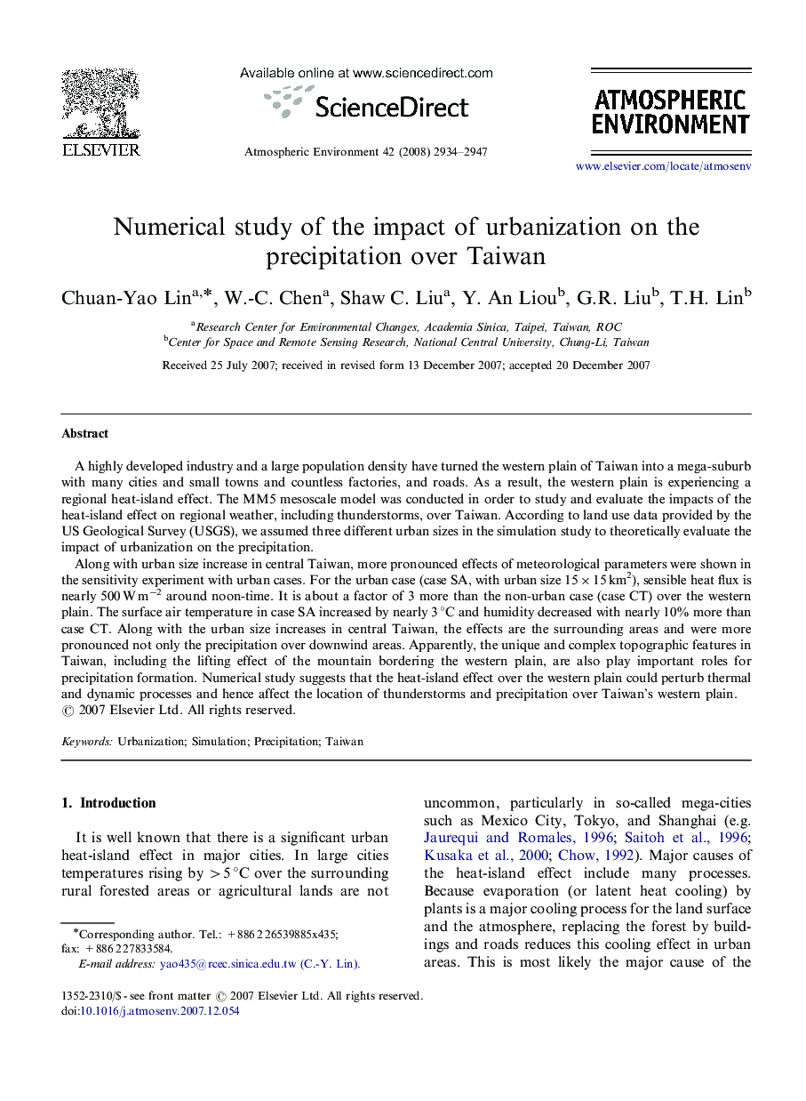 Numerical study of the impact of urbanization on the precipitation over Taiwan