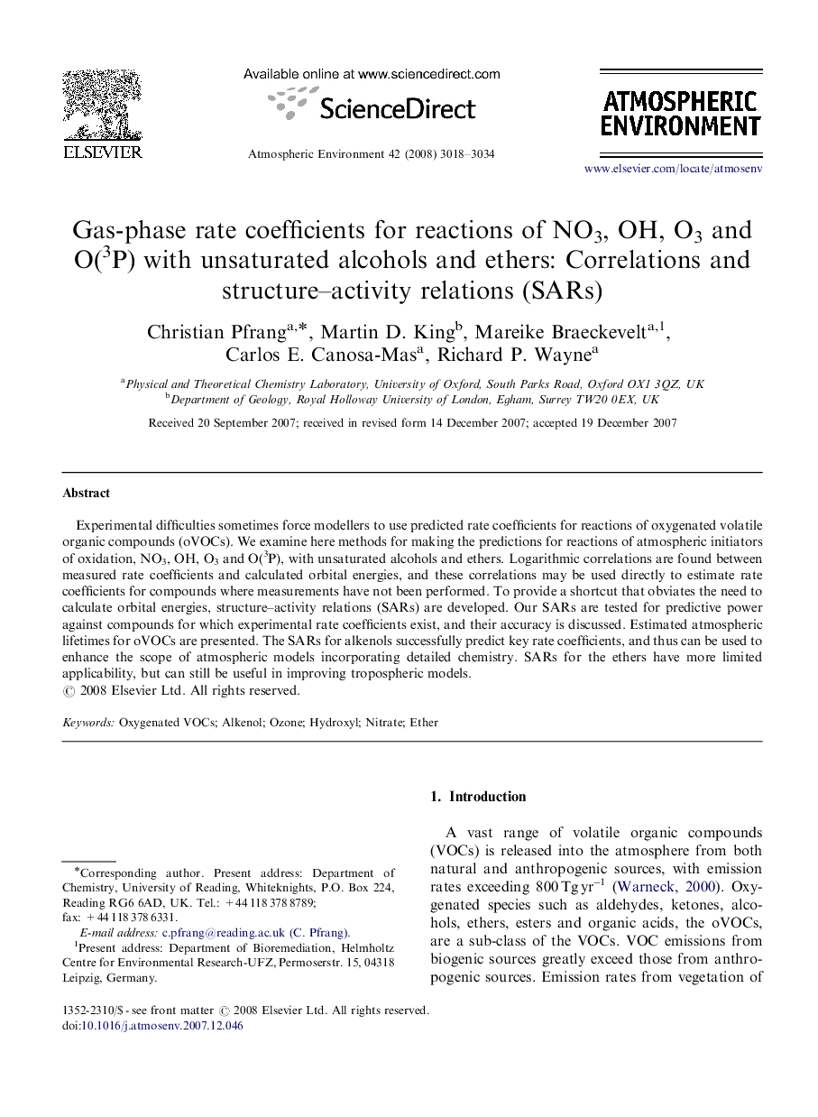 Gas-phase rate coefficients for reactions of NO3, OH, O3 and O(3P) with unsaturated alcohols and ethers: Correlations and structure–activity relations (SARs)