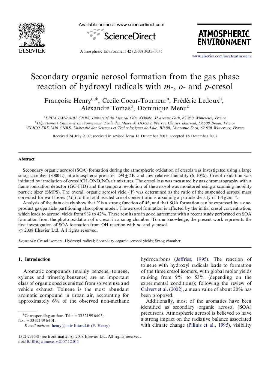 Secondary organic aerosol formation from the gas phase reaction of hydroxyl radicals with m-, o- and p-cresol