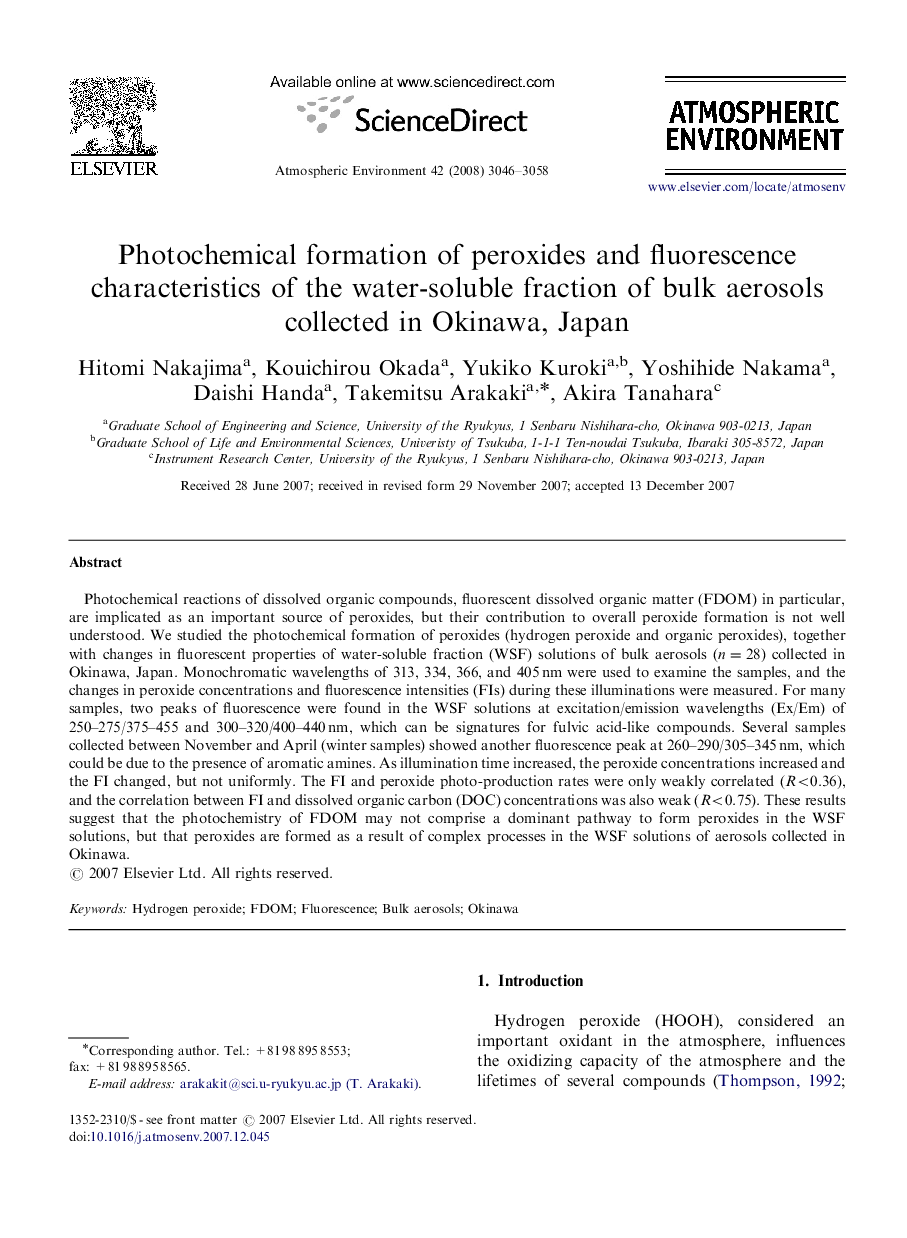 Photochemical formation of peroxides and fluorescence characteristics of the water-soluble fraction of bulk aerosols collected in Okinawa, Japan