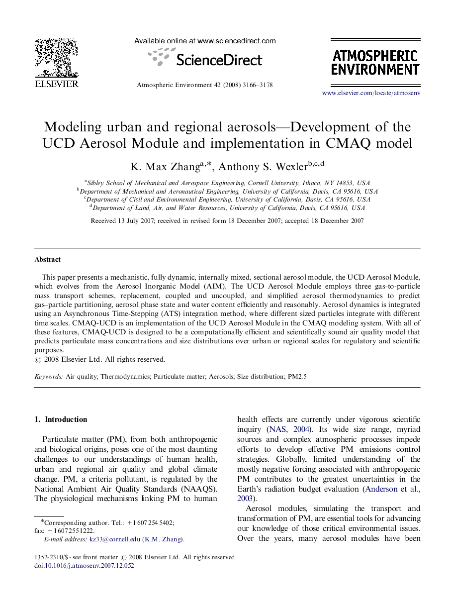 Modeling urban and regional aerosols—Development of the UCD Aerosol Module and implementation in CMAQ model